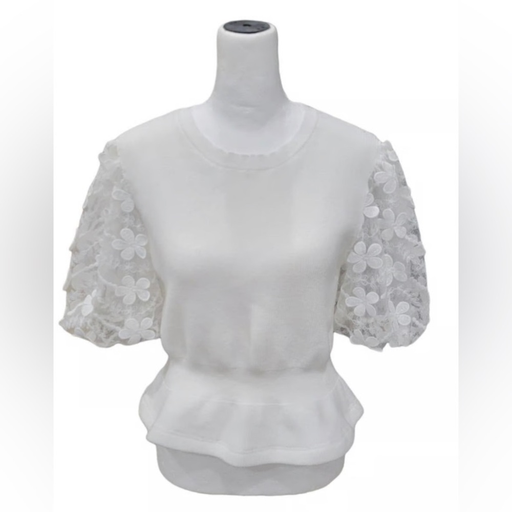 Alice Blue Ribbed Floral Lace Puff Sleeve